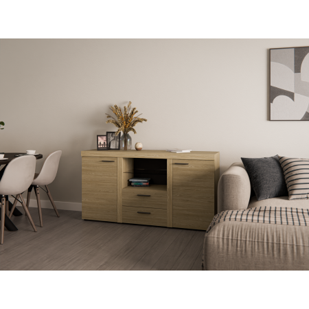 Komoda Ramon 2-drzwiowa z szufladami dąb olejowany szklana półka 156 cm